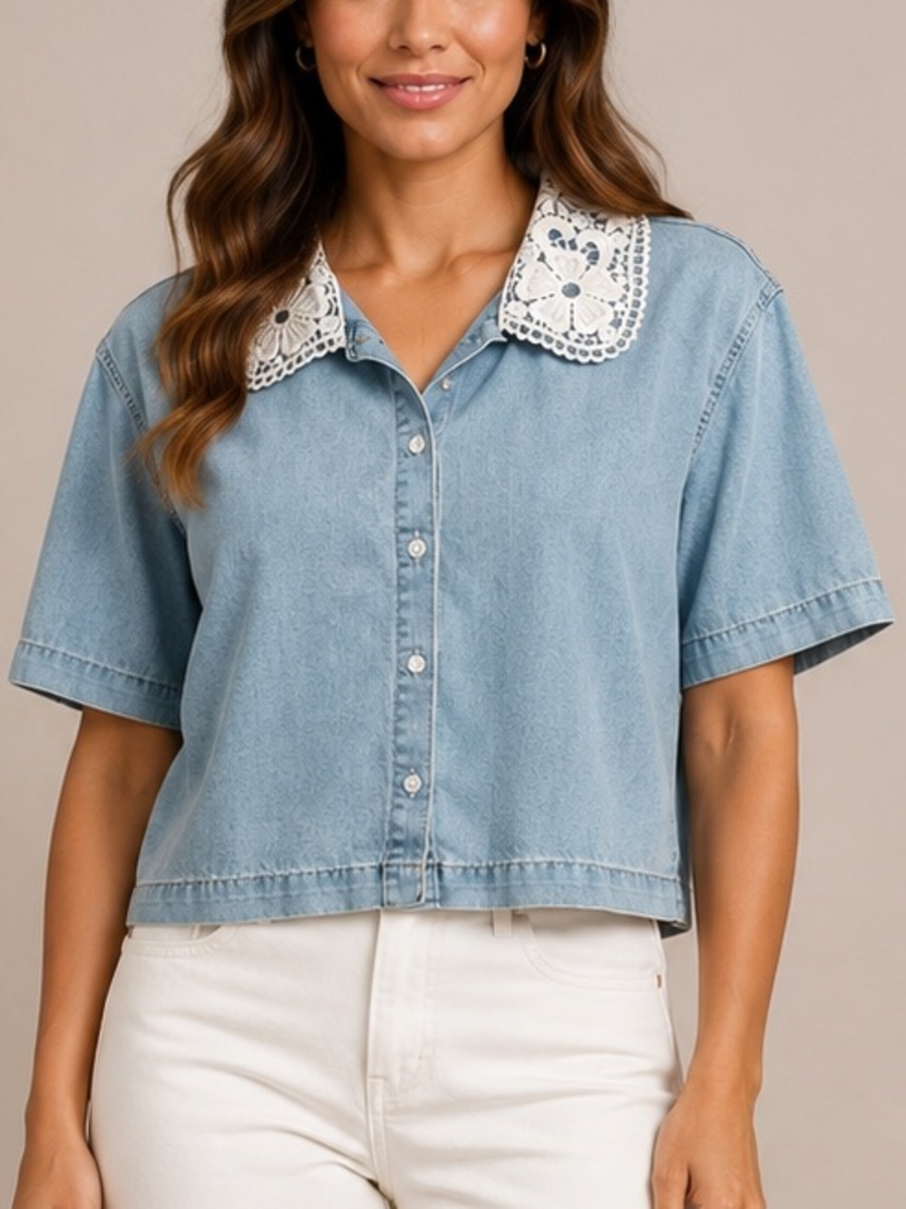 Kensie Jeans Lace Collar Denim Button Front Cropped Shirt Blue Short Sleeve LG